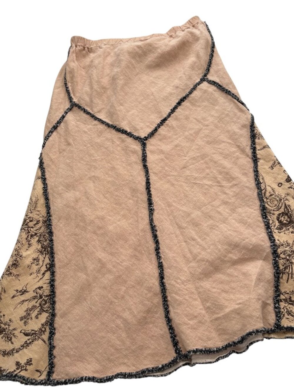 Vintage Crunch A Line Maxi Skirt Medium M Tan Black Toile Lagenlook 100% Linen